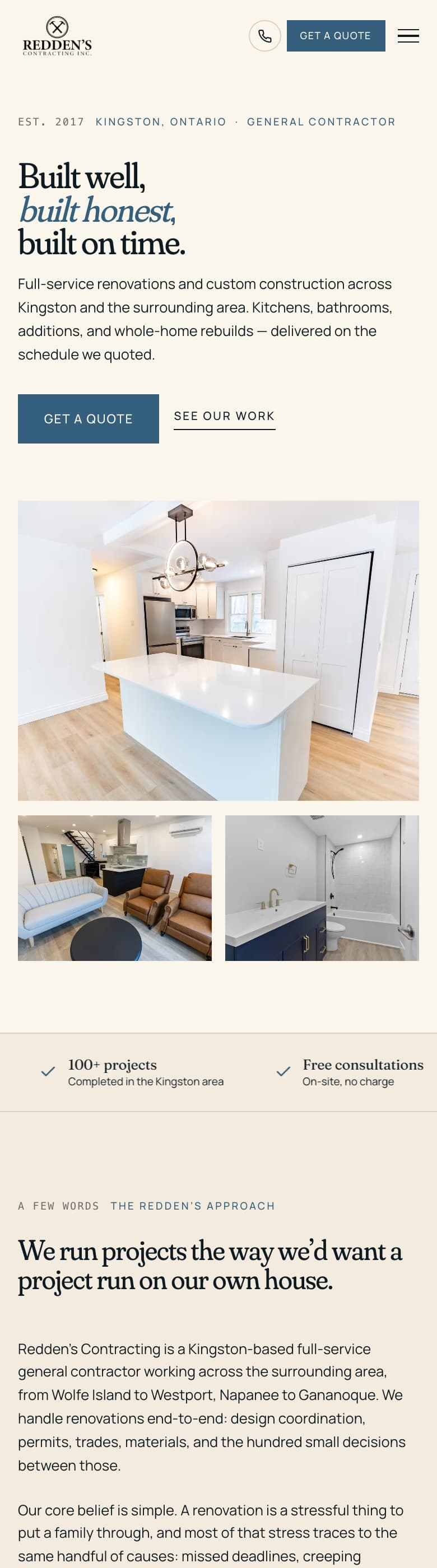 Reddens Contracting homepage on mobile