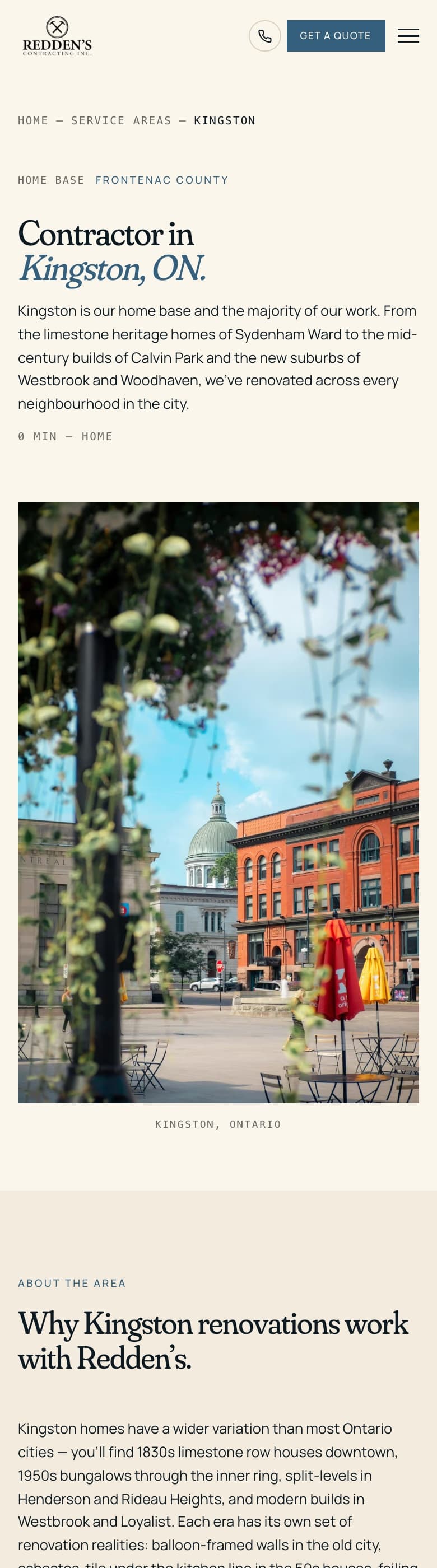 Gananoque service area page on mobile