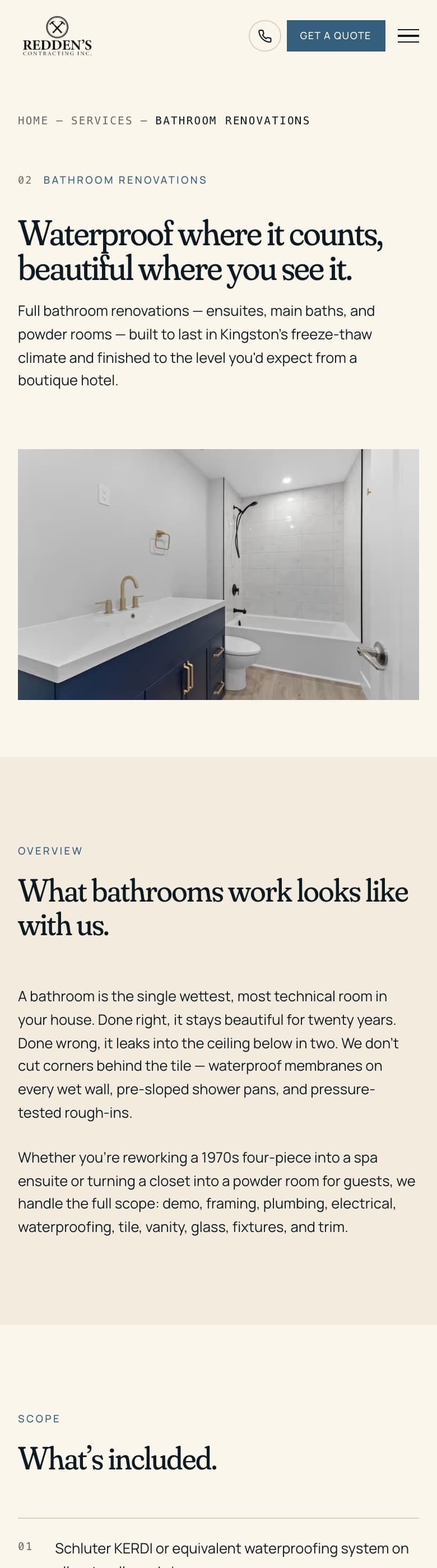 Bathroom renovations service page on mobile