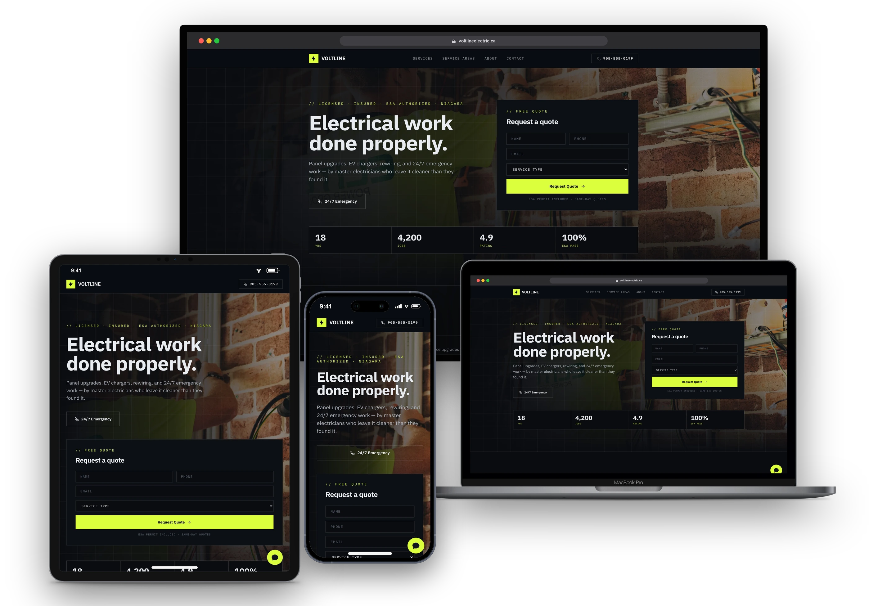 Voltline Electric website shown on a desktop display, laptop, tablet, and phone