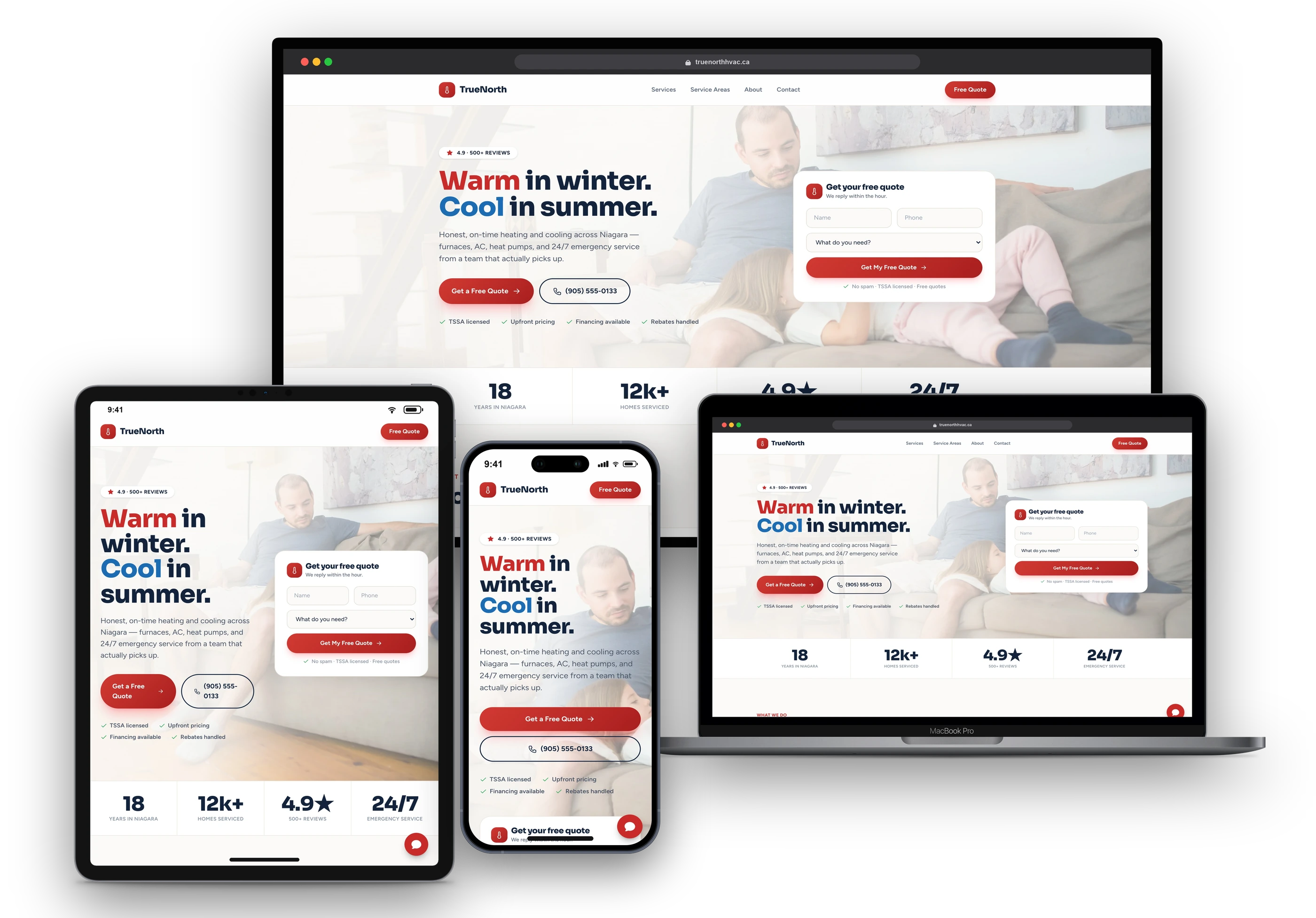 TrueNorth Heating & Cooling website shown on a desktop display, laptop, tablet, and phone