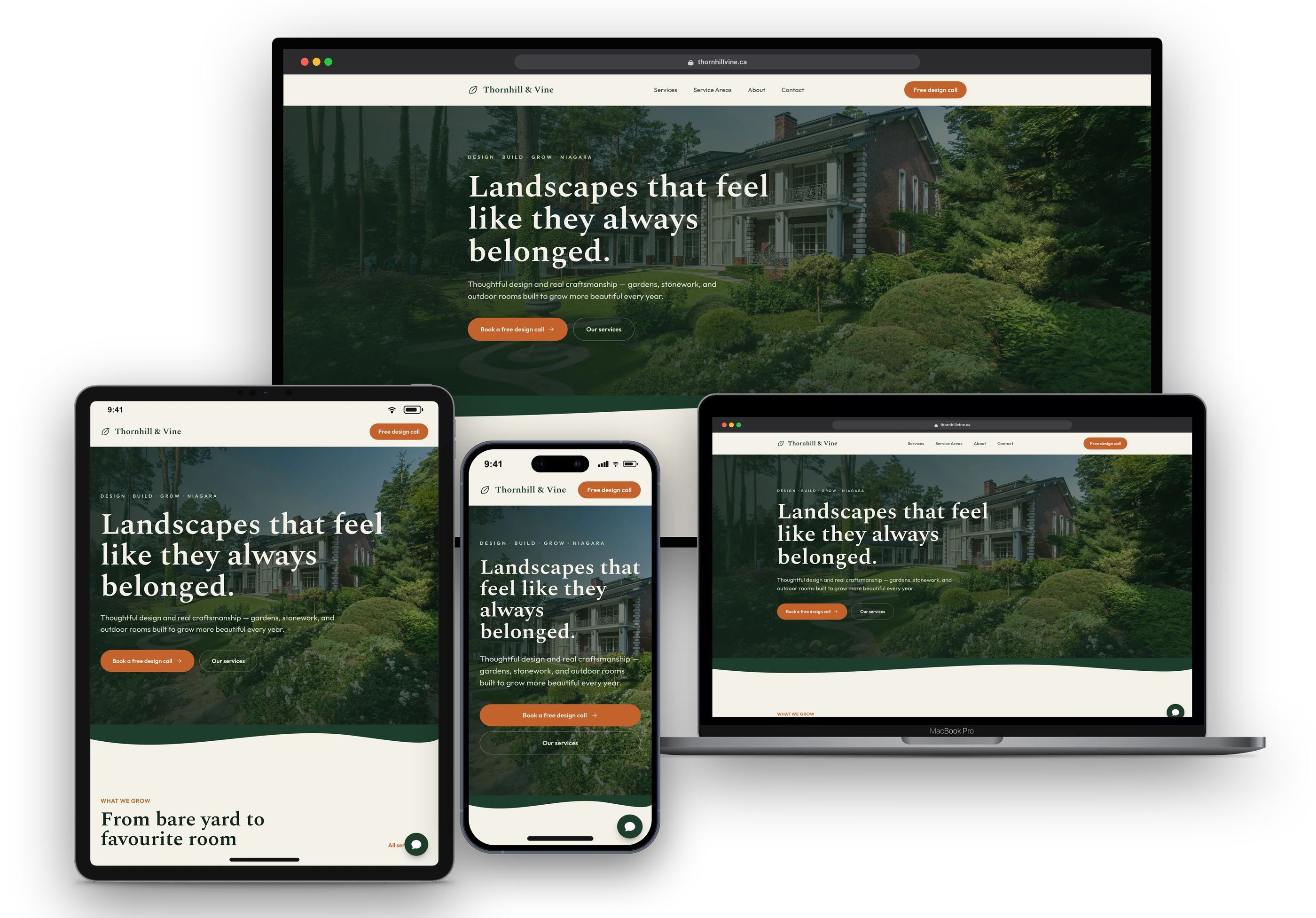 Thornhill & Vine website shown on a desktop display, laptop, tablet, and phone