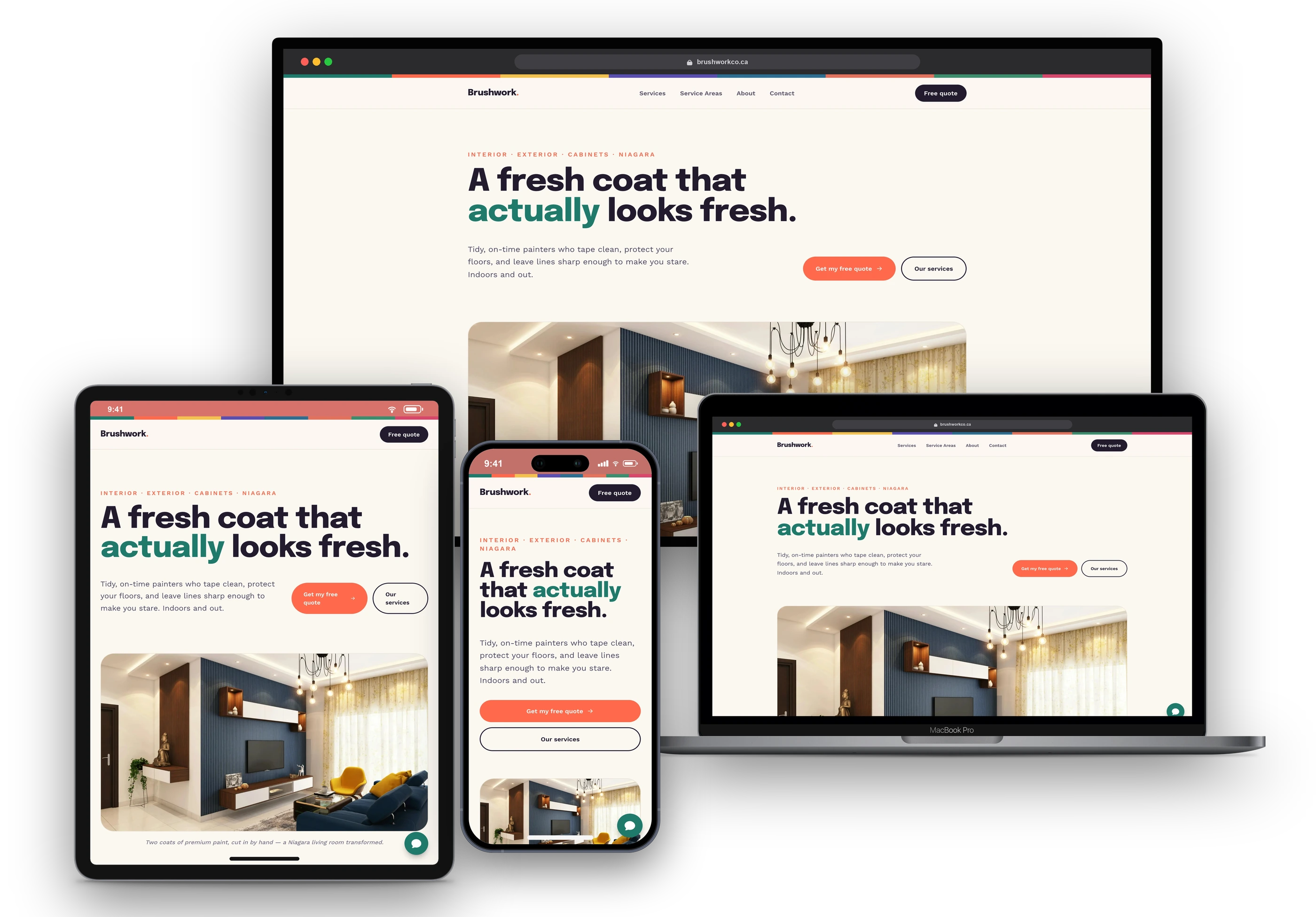 Brushwork & Co. website shown on a desktop display, laptop, tablet, and phone