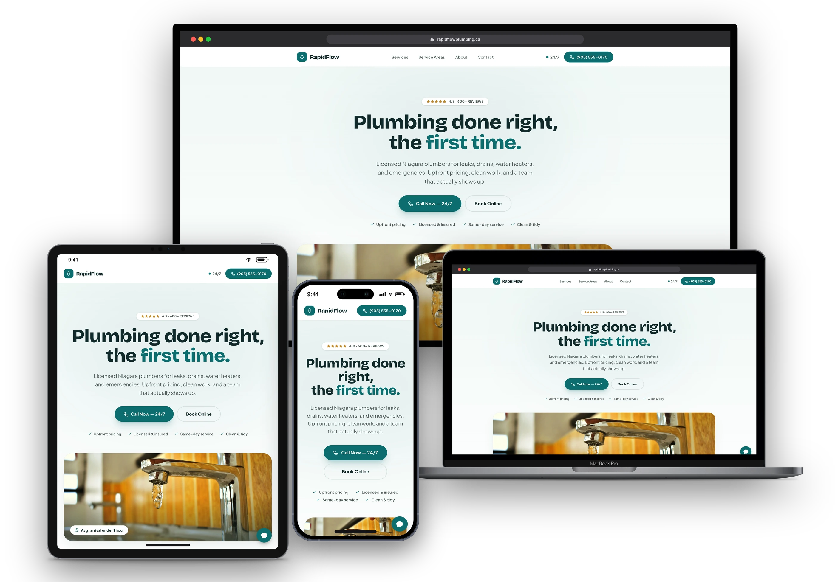 RapidFlow Plumbing website shown on a desktop display, laptop, tablet, and phone