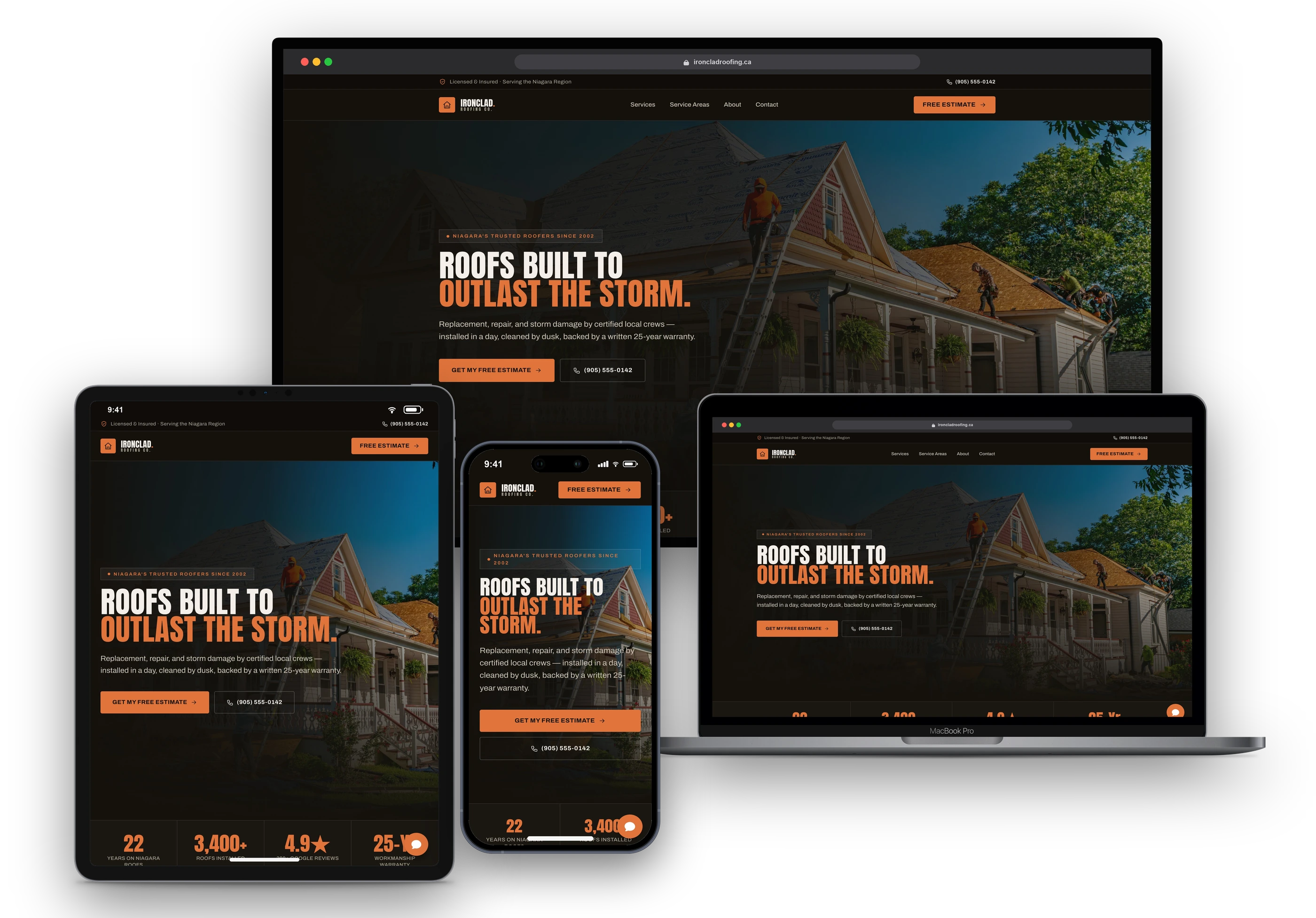 Ironclad Roofing Co. website shown on a desktop display, laptop, tablet, and phone
